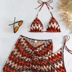 Drawstring Mesh Wrap Skirt Bikini Three-piece Printed Swimsuit