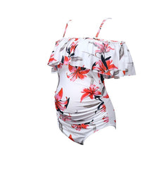 Red Leaf Print Off Shoulder Maternity Swimsuit