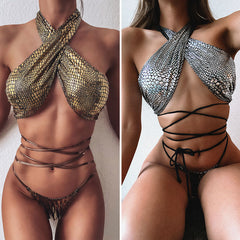 Sleek Snake Print Strappy Swimsuit - Sexy Bikini for Women
