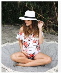 Red Leaf Print Off Shoulder Maternity Swimsuit