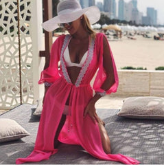 Long sleeve lace split perspective lace up blouse for women