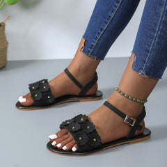 Chic Floral Flat Sandals for Women - Stylish Roman Beach Shoes with Buckle Detail
