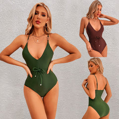 Women's Solid Color V-Neck Sling One Piece Swimsuit