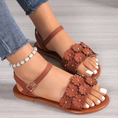 Chic Floral Flat Sandals for Women - Stylish Roman Beach Shoes with Buckle Detail