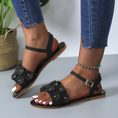 Chic Floral Flat Sandals for Women - Stylish Roman Beach Shoes with Buckle Detail