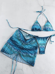 Drawstring Mesh Wrap Skirt Bikini Three-piece Printed Swimsuit