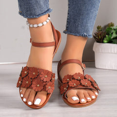 Chic Floral Flat Sandals for Women - Stylish Roman Beach Shoes with Buckle Detail