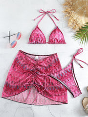 Drawstring Mesh Wrap Skirt Bikini Three-piece Printed Swimsuit