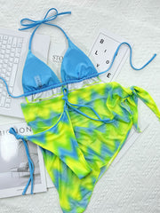 Green Tie-Dye Women's Swimsuit Set with Briefs and Skirt
