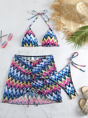 Drawstring Mesh Wrap Skirt Bikini Three-piece Printed Swimsuit