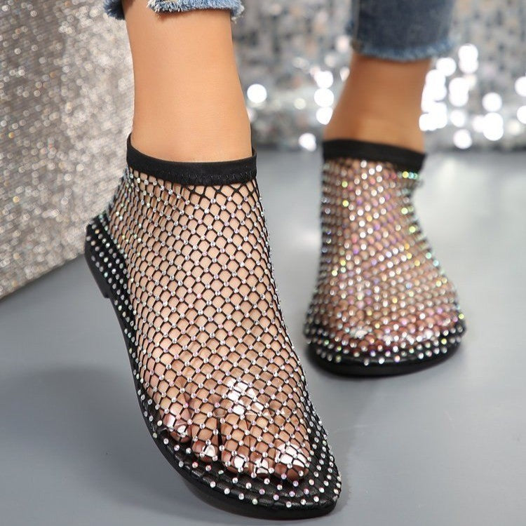 Rhinestone-Embellished Summer Flat Sandals for Women with Round Toe Design