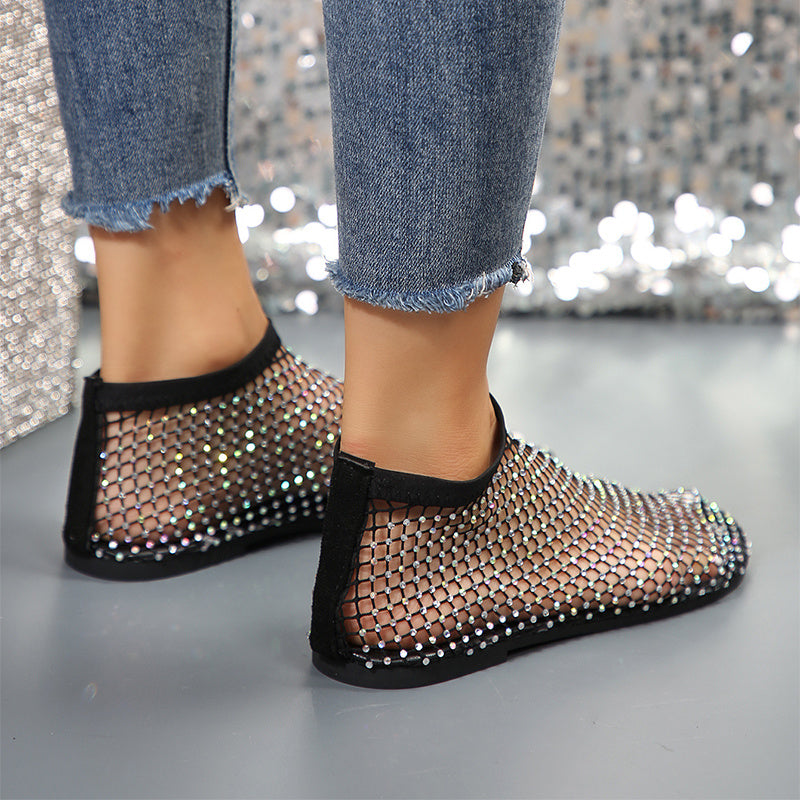Rhinestone-Embellished Summer Flat Sandals for Women with Round Toe Design