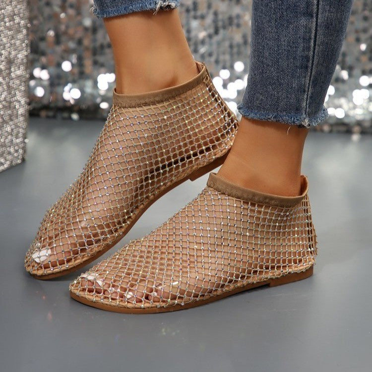 Rhinestone-Embellished Summer Flat Sandals for Women with Round Toe Design
