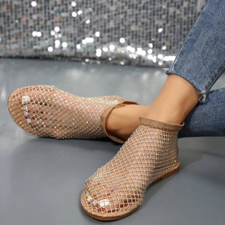 Rhinestone-Embellished Summer Flat Sandals for Women with Round Toe Design
