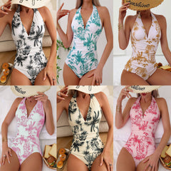 Women's Printed V-neck One-piece Swimsuit